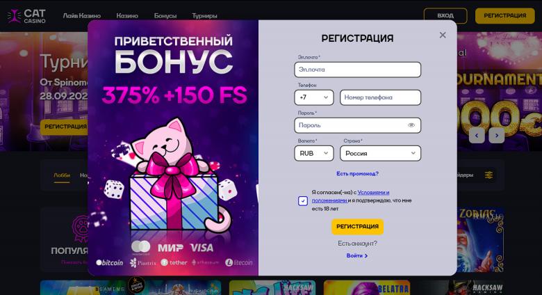 Регистрация на официальном сайте Cat Казино